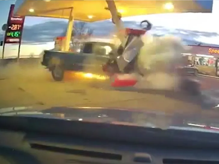 TRUCK PLOWS THROUGH GAS PUMP… Fiery Blast On Video!!!